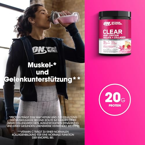 Optimum Nutrition Apfel-Himbeer-Geschmack: Fertiges Molkenprotein-Isolat und Kollagenpeptid-Pulver mit Vitamin C und D, mit Süßungsmitteln, 10 Portionen, 240 g