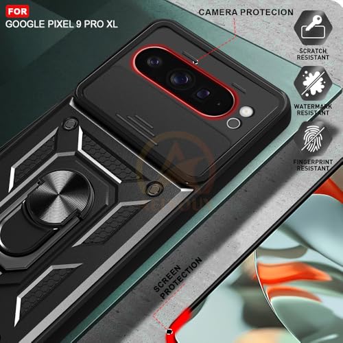 Image of Armor Bumper Back Cover Case for Google Pixel 9 Pro XL Rotating Camera Cover, Ring Holder & Kickstand | Heavy Duty & 360 Degree Protection Google Pixel 9 Pro XL Back Cover (Black)