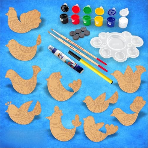 Image of PICRAZEE DIY Kit for Kids & Adults - Bird Fridge Magnet Painting Kit (10 Designs) | Ready-to-Paint 5.5 mm Thick Wooden DIY Craft Kit with Colors, Brushes & Magnets | Screen-Free Activity (Birds)