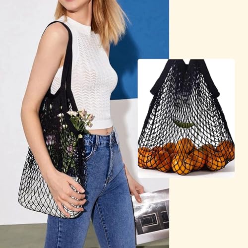 Soulnioi Reusable Grocery Mesh Bag Long Handle Cotton String Mesh Produce Bags Organic Grocery Shopping Bags Portable/Washable Long Handle Mesh Bag for Fruit and Vegetables Storage Black 1PC - Image 4