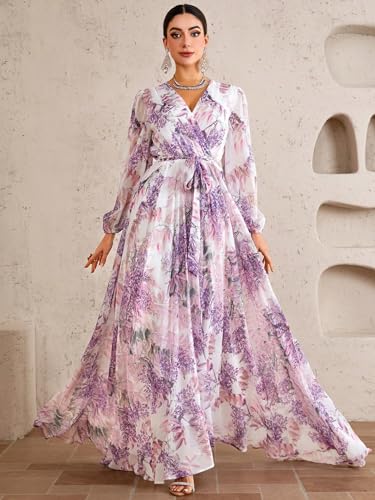 Image of TOLEEN Summer Casual Dresses for Women 2024 Spring Fashion Boho V Neck Long Sleeve Ruffle Floral Print Elegant Maxi Dress
