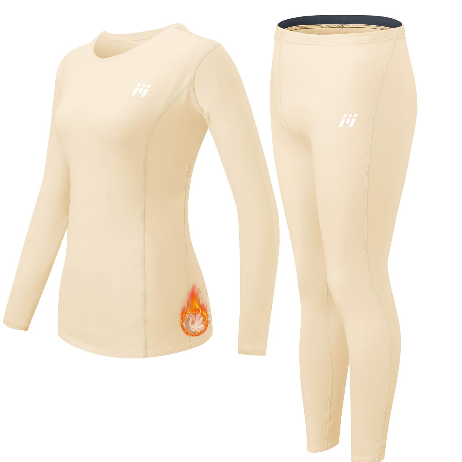 MeetHoo Thermal Underwear for Women, Winter Warm Base Layer Compression Set, Fleece Lined Long Johns Running Skiing Beige