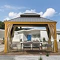 10' x 12' Hardtop Gazebo Outdoor Aluminum Wood Grain Gazebos with Galvanized Steel Double Canopy for Patios Deck Backyard,Curtains&Netting by domi outdoor living