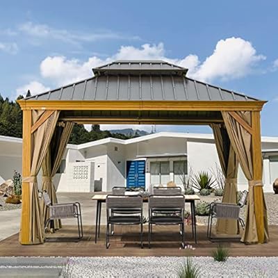 10' x 12' Hardtop Gazebo Outdoor Aluminum Wood Grain Gazebos with Galvanized Steel Double Canopy for Patios Deck Backyard,Curtains&Netting by domi outdoor living