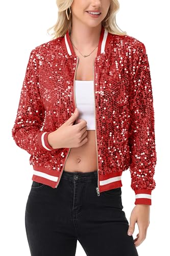 Anna-Kaci Women's Sparkly Sequin Jacket Long Sleeve Zipper Glitter Bomber Jacket Coat with Ribbed Stripe Cuff3