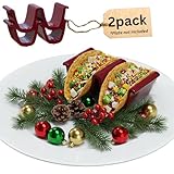 HolaTasty Taco Shell Holder Ceramic (Set of 2), Dual Taco Stand for Plates - Compact Taco Rack 2-Slot for Street/Hard Shell Tacos, Microwave & Oven Safe Taco Rack - Salsa Red