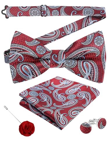 Image of Alizeal Mens 4pcs Vintage Paisley Bow Tie Set | Pre-tied Pocket Square Cufflinks Boutonniere for Wedding Everyday Use