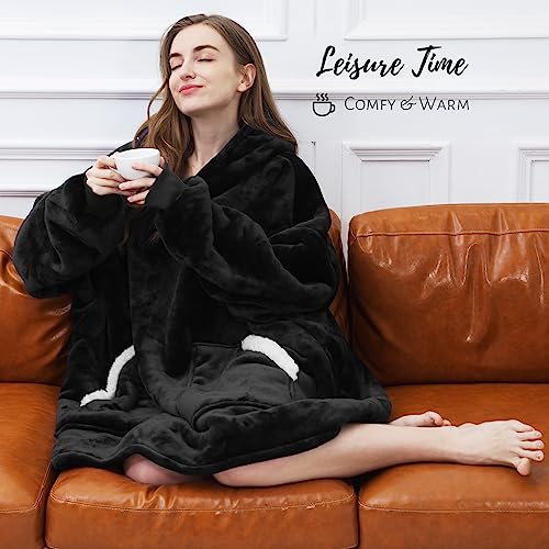Kipswiza Wearable Blanket Hoodie for Women and Men, Cozy Soft Sherpa Oversized Hooded Blankets Sweatshirt as Birthday Gifts for Her Mom Girlfriend Boyfriend, Black