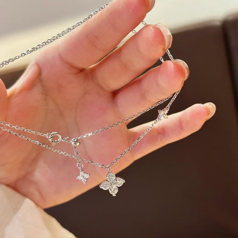 18K White Gold Plated Floral Pendant Necklace – Dainty Asymmetrical Flower Design with Cubic Zirconia for Women - Image 2