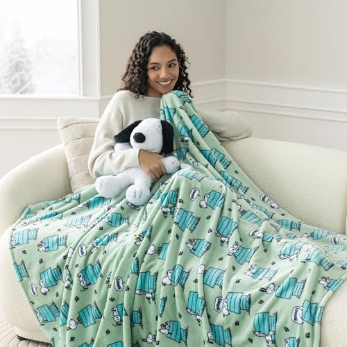 Image of Berkshire Peanuts VelvetLoft Cute Character Snoopy Plush Throw Blanket,Regular Snoopy Dog House Poses & Paws Closed in Sage,Throw 55 in x 70 in (Official Peanuts Product)