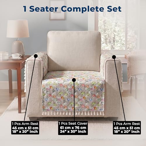 Image of Story@Home Quilted Anti Slip Sofa Cover Mat with 2 Armrest Cover, 1 Seater Velvet Sofa Protector with Tassels | Sofa Cover Mat for 1 /2 /3 Seater & L-Shape Sofa - 76 x 61 Cm - White & Multi Color