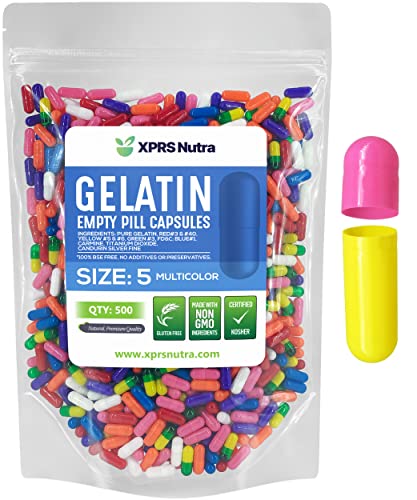 Image of XPRS Nutra Size 5 Empty Capsules - 500 Count Very Small Empty Gelatin Capsules - Pills DIY Capsule Filling - Fillable Pill Gel Caps for Do-It-Yourself Vitamin Supplements (Multi Color)