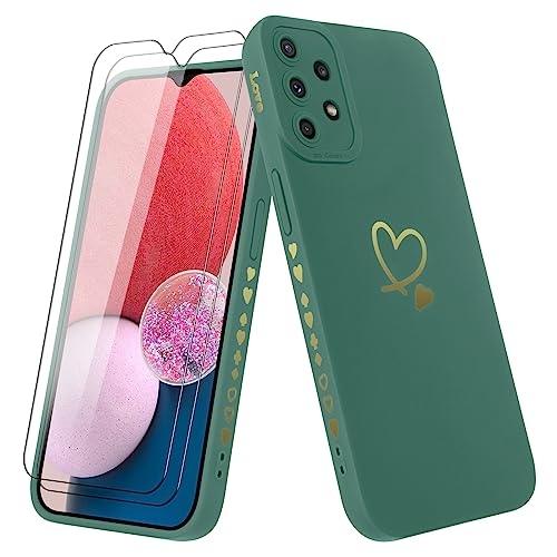 Vauki Coque pour Samsung Galaxy A13 4G avec 2 Pièces Verre Trempé, Etui Fille avec Or Motif Coeur Souple TPU Silicone Antichoc Anti-Rayures Housse Compatible avec Samsung A13 4G, Vert