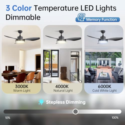 Image of Sofucor 47 Inch Ceiling Fan with Lights Flush Mount Modern Outdoor Ceiling Fans with Remote Control, 3CCT Dimmable 6 Speeds Quiet DC Motor & Timer for Patio Bedroom Living Room (Black, 47INCH)