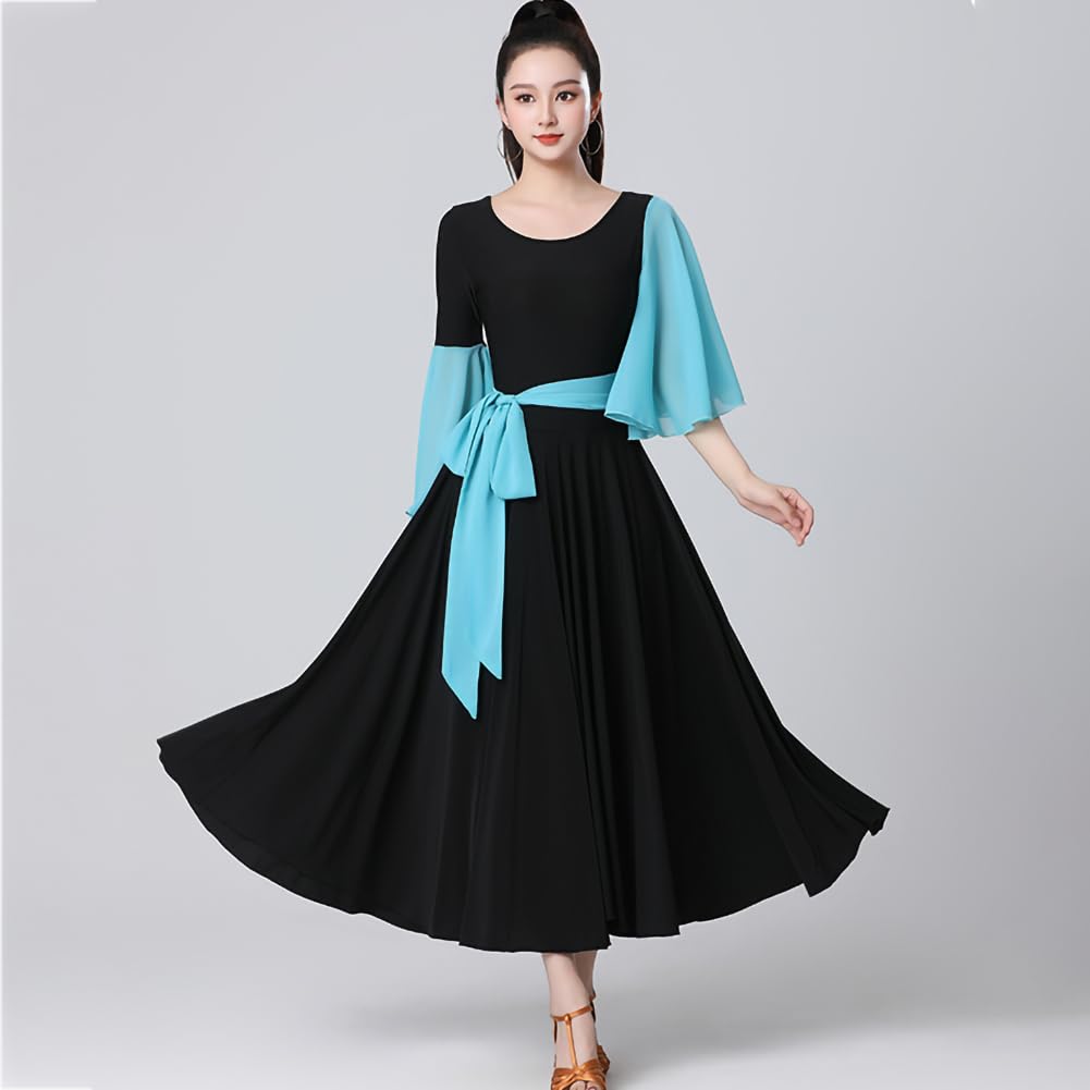 Modern Dance Kleid Standard-Turnierkleid aus Chiffon, langes Chiffonkleid mit Rundhalsausschnitt, schwarz