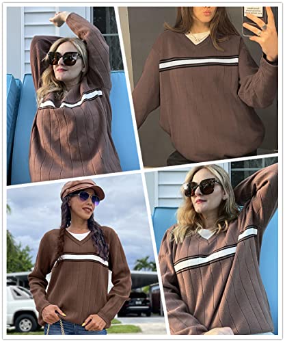Bzb Womens Striped V Neck Oversized Sweater Casual Loose Long Sleeve Knitted Sweaters Pullover Tops Brown #TOP3