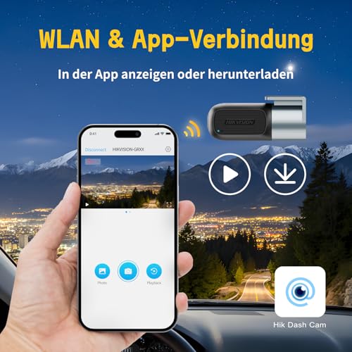 Hikvision Dashcam Auto, 1080P FHD Dash cam mit Nachtsicht, WiFi-App-Steuerung, G-Sensor, Loop-Aufnahme, 360° Drehbare Mini Auto Kamera, erweiterbar bis 256GB – Sichere Fahrten bei Tag und Nacht (D1)