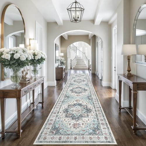 Madane Hallway Runner 3x14 - Runner Rugs 14ft Washable Entryway Rug Vintage Kitchen Runners Non Slip Indoor Area Rug Farmhouse Carpet Runner for Bathroom Living Room Bedroom, Blue