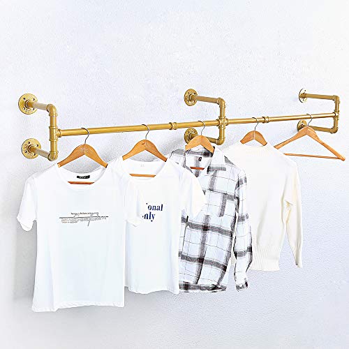 Industrial Pipe Clothing Rack Wall Mounted,Vintage Retail Garment Rack Display Rack Cloths Rack,Metal Commercial Clothes Racks For Hanging Clothes,Iron Clothing Rod Laundry Room(70.86In,Gold) #TOP5