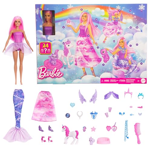 Barbie-Adventskalender 2025 mit Puppe - Barbie Fantasy-Weihnachtskalender mit 24 Überraschungen für Mädchen - Mode-Puppe als Fee Meerjungfrau und Prinzessin mit Einhorn
