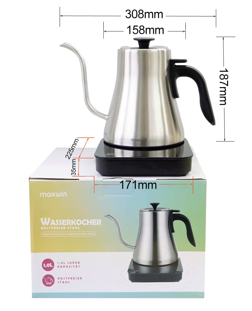 MAXWIN Bollitore Elettrico 1 litro Piccolo con Temperatura Regolabile,Bollitore da Caffè a Collo di Cigno in Acciaio Inox,Display LED,Riscaldamento Rapido 1000W,Timer Integrato