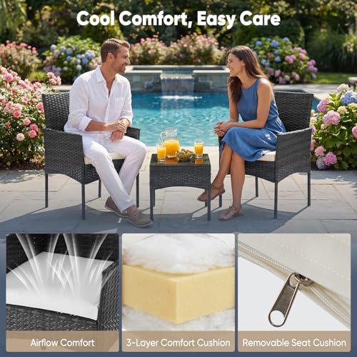 DUMOS 3-Piece Patio Furniture Set, All-Weather Outdoor Wicker Chairs with Removable Cushions & Tempered Glass Table, Small Bistro Set for Porch, Balcony, Lawn, Backyard, Black - Image 5