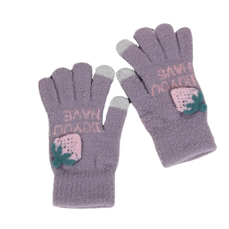 SMED Strawberry touch screen warm and cold-proof cycling cute girl plush wool knitted five-finger touch gloves