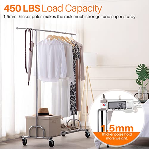Hokeeper 450 Lbs Heavy Duty Clothes Rack For Hanging Clothes Commercial Garment Rack With Shelves Rubber Wheels Collapsible Portable Rolling Clothing Rack Chrome Finish #TOP2