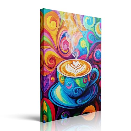 Abstract Coffee Cup Canvas Wall Art Framed Print Painting Colorful Swirling Heart Vibrant Modern Whimsical Cafe Pop Art Wall Decor Artwork Poster for Kitchen Coffee Bar Dining Room 12x16 Inches