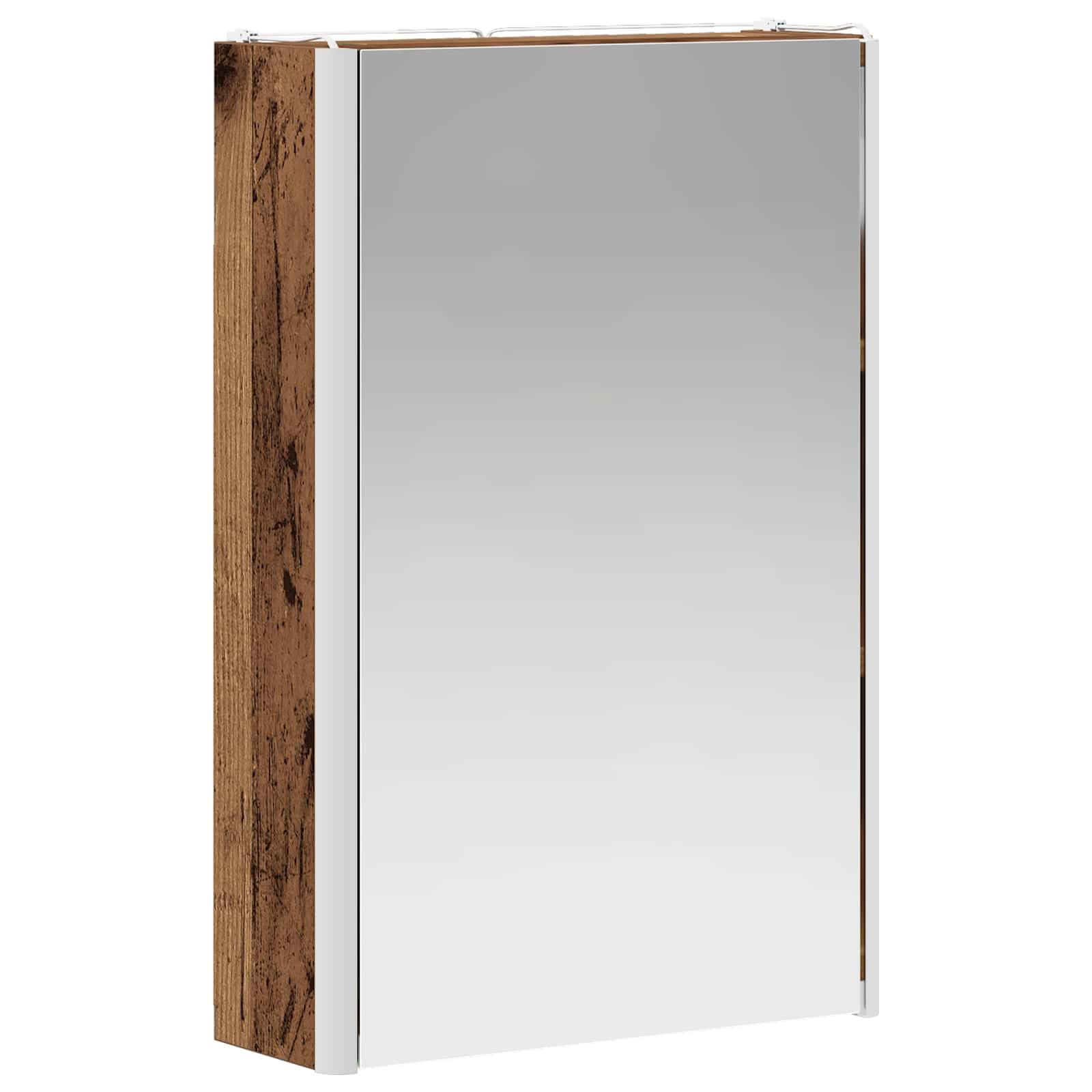 Armadietto da bagno a specchio in legno anticato, 33 x 11,5 x 50 cm, montaggio a parete, con strisce LED, spazio e mensola per lavabo, mobiletto sottolavello, portaoggetti in bagno