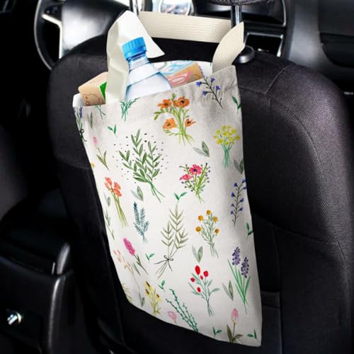 Image of IRADA Car Trash Bag Hanging No Snap Small Garbage Bag for Car Back Seat Cute Printed One-Handed Strap Trash Bags Car Accessories-Wildflowers-White Car Trash Bags