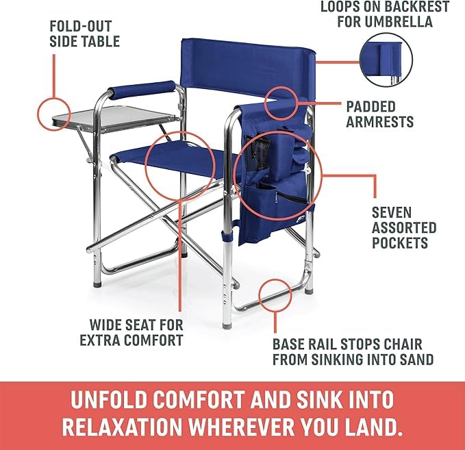 Image of PICNIC TIME Sports Chair with Side Table and Armrest Caddy, Lightweight Aluminum Folding Outdoor Camping Chair for Adults, Portable Director Style Lawn Seating with Pockets & Strap, (Moka Collection)