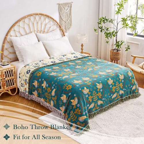 Image of XIBLC Boho Throw Blanket, 100% Cotton Ultra Soft Luxury Throw Rustic Quilt, 90 inchx98 inch Floral Printed Farmhouse Decor Bed Summer Blankets, All Season Rustic Reversible Bohemian Throw for Bed - Blue