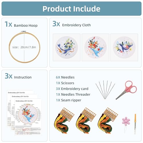 Image of KEKEMEOW 3 Sets Embroidery Kit for Beginners, Stitches with Whale and Flowers, Embroidery Stitch Practice kit for Adults Craft Lover, Cross Stitch Kit with Pattern、Instruction、Hoop