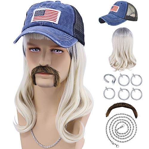 Cfalaicos Men's Mullet Wig Costume Wig with Hat (Blue Hat + Wig Set)