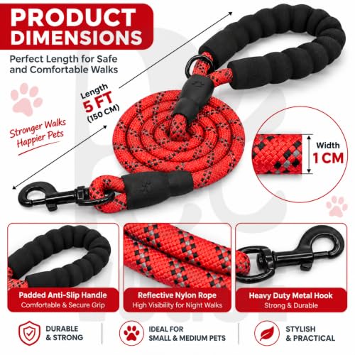 Image of PetVogue FT Nylon Rope Dog Leash, Heavy Duty Training & Walking Lead for Small, Medium & Large Dogs, Reflective Pet Walking Cord with Comfortable Padded Handle & Strong Metal Clip (Red)