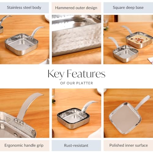 Image of Nestasia Stainless Steel Serving Dishes Set of 2 (420ml, 650ml) - Hammered Flat-Base Square Steel Serving Pan with Handle | Rust, Stain & Scratch Resistant Serveware with Glossy Finish