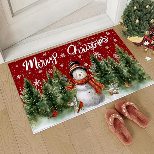 AUSTAB Merry Christmas Welcome Door Mat Christmas Tree Snowman Floor Mat Indoor Outdoor Entrance Bathroom Door Mat Non-Slip Washable Greeting Party Decorations 17 X 29 Inches