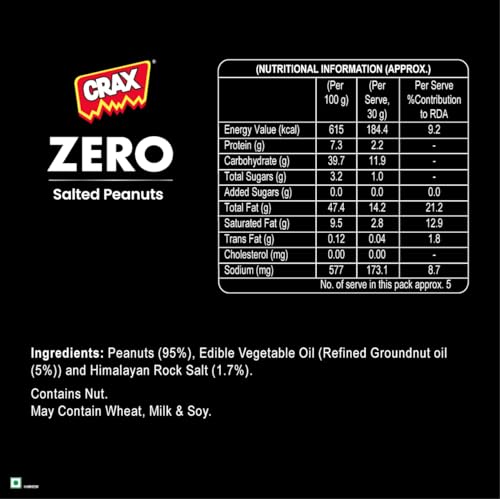 Image of Crax Zero Classic Salted Peanut Namkeen Snacks 160g /171g (Weight may vary)