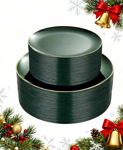 PULOTE 100PCS Green Plastic Plates - Green Disposable Plates With Gold Rim - Include 50 Pieces Dinner 10.25inch,50 Pieces Dessert 7.5inch for Party&Christmas PULOTE 100PCS Green Plastic Plates - Green Disposable Plates With Gold Rim - Include 50 Pieces Dinner 10.25inch,50 Pieces Dessert 7.5inch for Party&Christmas