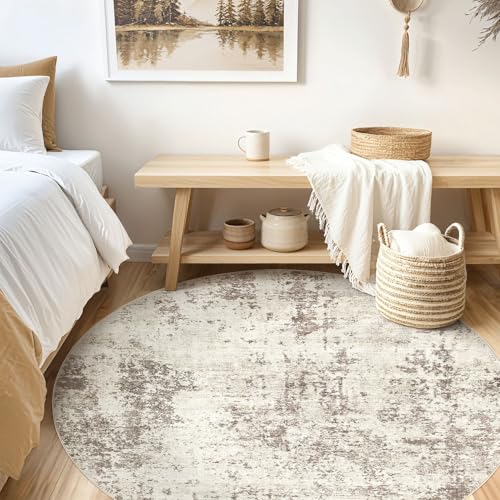 8ft Round Area Rug Living Room Rugs - 8x8 Washable Neutral Modern Abstract Soft Thin Rug Indoor Floor No Slip Rug Carpet for Bedroom Under Dining Table Home Office Decor - Dark Brown