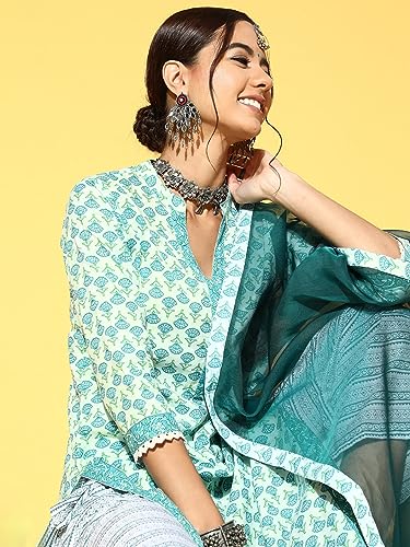 Image of Women Sea Green Printed Straight Kurta Palazzo with Dupatta Set