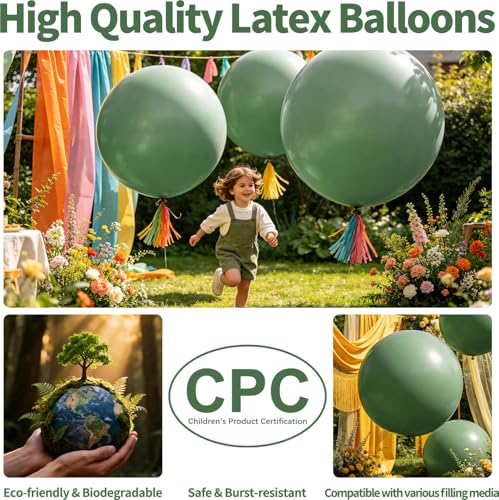 Image of 5Pcs Sage Green Big Balloons 36 Inch, Round Large Latex Party Balloons for Birthday Wedding Decorations