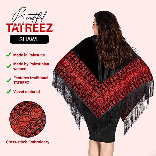 Palestinian Tatreez (Embroidery) Shawl made in Hebron featuring the classic red and black tatreez colors2