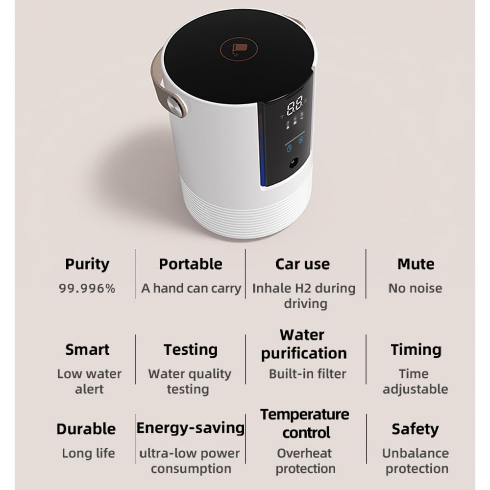 Máquina de inhalación de hidrógeno portátil de 240 ml y generador de agua de hidrógeno, 99.996% ultra puro, último ionizador SPE/PEM con electrodos de platino, modo nocturno de 4 horas, para el hogar