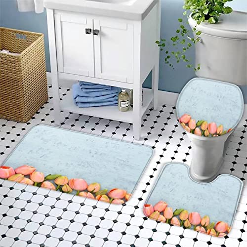 Badezimmerteppich-Set 3Teilig Tulpe rutschfest Waschbar Badematte Badezimmer Weich Mikrofasern WC-Deckelbezug Blumenland… – Bild 4
