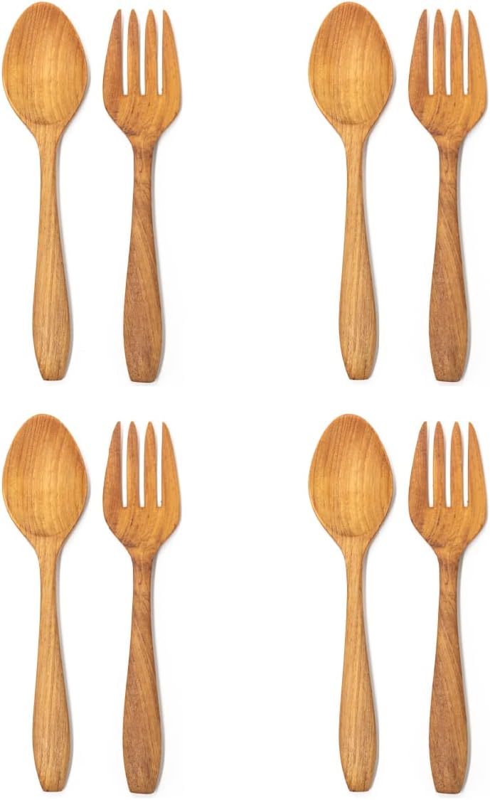 Rainforest Bowls Set of 4 Classic Javanese Teak Wood Utensils- Reusable Eating Utensils- Ultra-Durable, Hot and Cold Friendly, Heavy-Duty- Premium Wooden Flatware Handcrafted by Indonesian Artisans