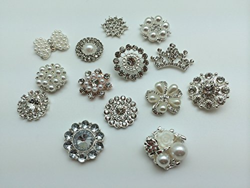 Pepperlonely Brand 12Pc Mixed Style Acrylic Pearl Rhinestone Flat Back Alloy Metal Embellishments & Sew On Buttons 13/16~1-3/16 Inch #TOP2