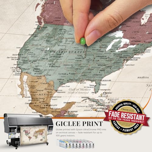 Image of DECORARTS - Oversized World Travel Map with Pins, Pin Board Canvas Wall Art, Extra Large Vintage Pastel World Maps for Wall, Giclee Print, Handcrafted in USA, 40x30''
