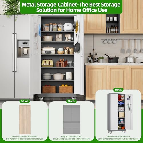 Image of Aobabo Upgraded Garage Storage Cabinets with Wheels,Metal Storage Cabinets with 5 Adjustable Shelves for Garage Home Office Storage, Grey&White,71''H*32''W*16''D,Assembly Required